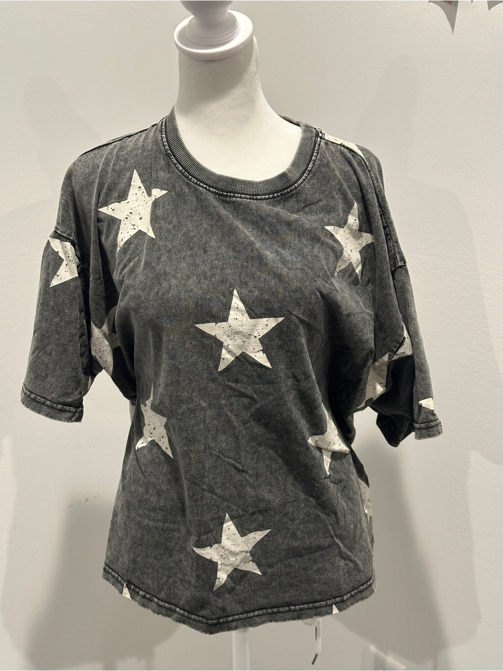 easel Black Mineral-Wash Tee with White Star Print